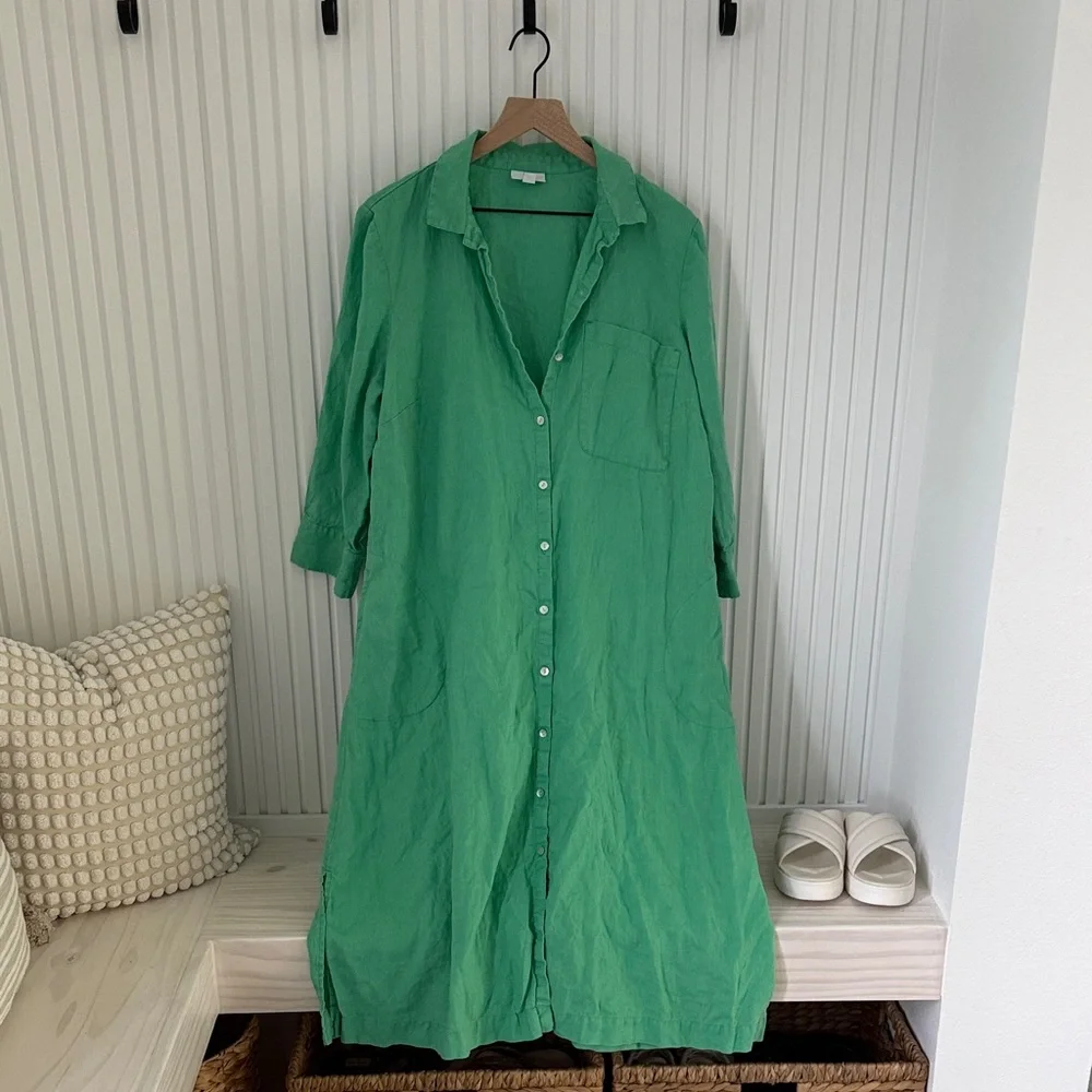 J Jill Love Linen Elegant Green Button-Up Dress Size Large - Picture 1 of 8